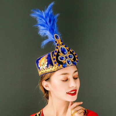 新疆舞表演帽子女高档贴钻石大羽毛帽舞蹈演出维族帽成人独舞头饰